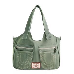 True Religion Green Denim Acid Wash Green Tote/Shoulder Bag